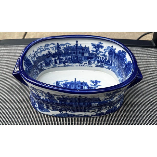 Late 20th Century Large Vintage Blue & White Viscaya Ceramic Cachepot Centerpiece Bowl For Sale - Image 5 of 12