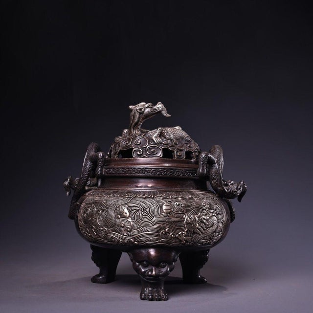 Bronze Bronze Silver-Washed Dragon Tripod Censer — High Relief Lidded Incense Burner For Sale - Image 8 of 9