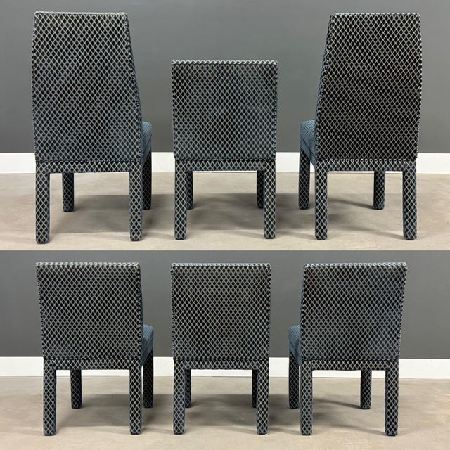 A set of six mid century modern parsons style dining chairs by Milo Baughman or Pace Collection with navy blue and gold...