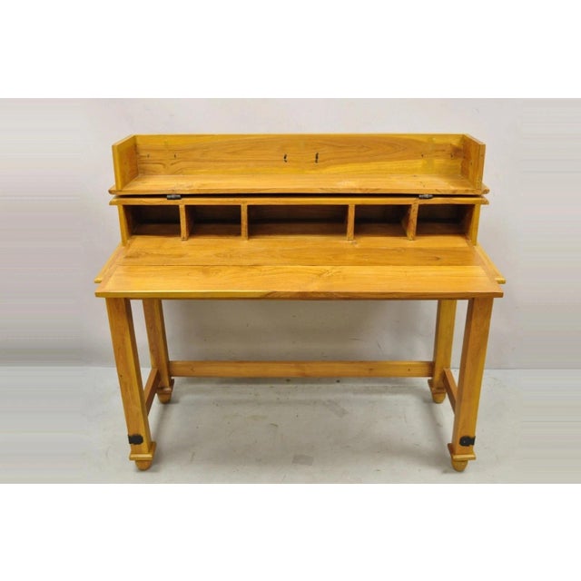 Campaign Vintage Colonial Campaign Style Teak Wood Flip Top Writing Desk With Side Chair For Sale - Image 3 of 12