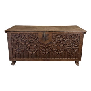 Late 19th Century Spanish Carved Wood Chest With Gothic Decoration For Sale
