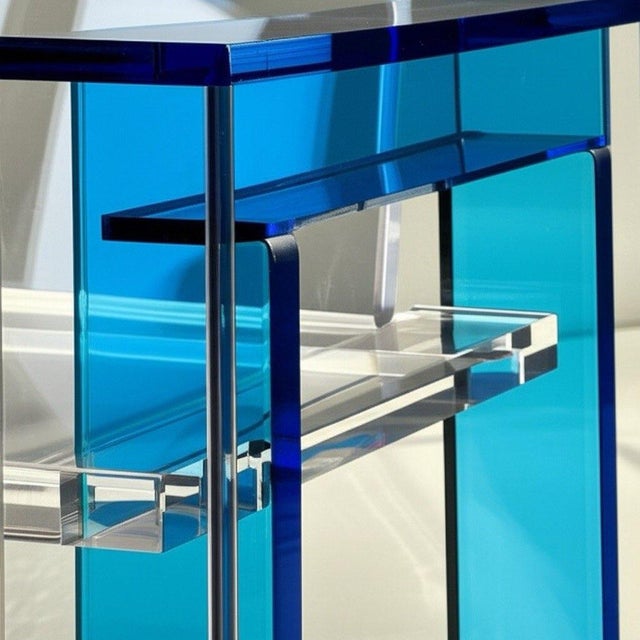 Contemporary Modern Acrylic Bench With Blue Accents For Sale - Image 3 of 7