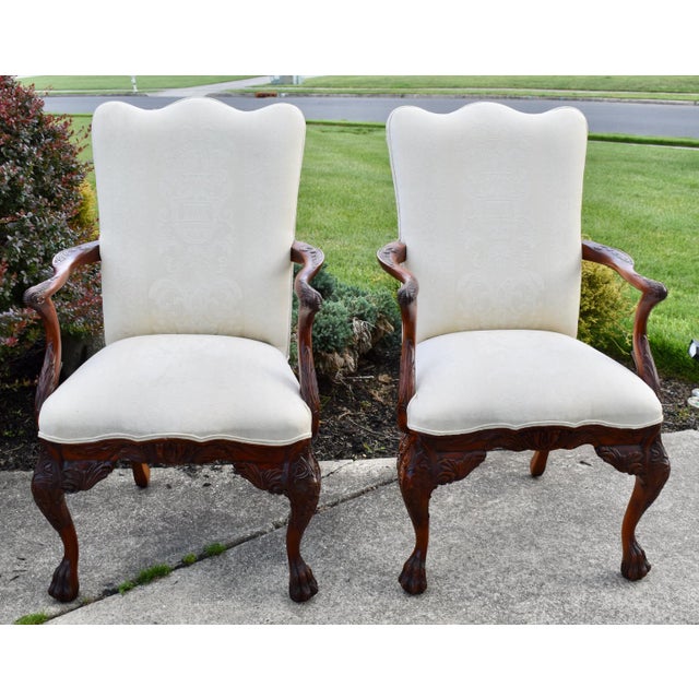 1990s Vtg. Pair of Carved Mahogany Federal Style Arm Chairs With Claw Feet For Sale - Image 5 of 18