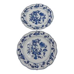 1950's Danube Blue Onion Blue & White Salad Plate Set Ribbon Hallmark Logo - 2pc