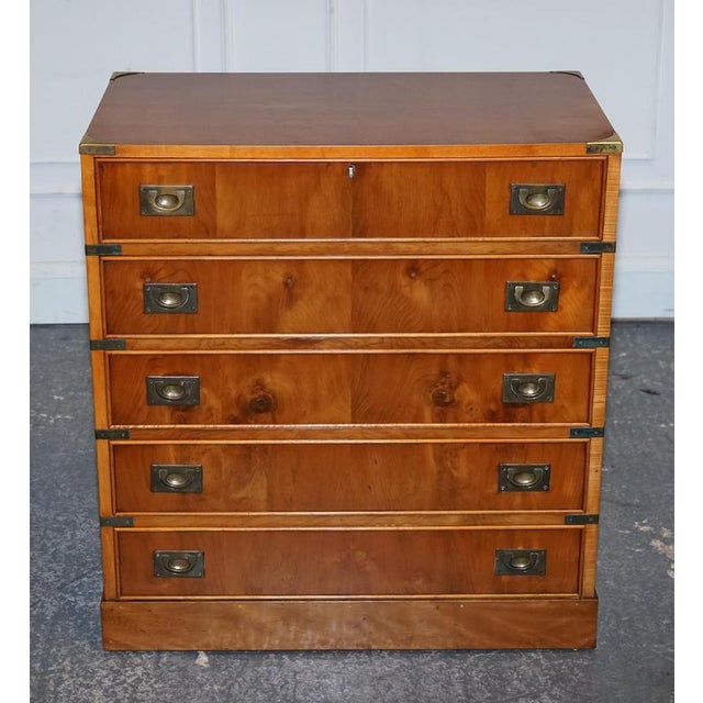 Antiques of London Vintage Military Campaign Yew Wood Secretary Chest of Drawers A handsome vintage military campaign...