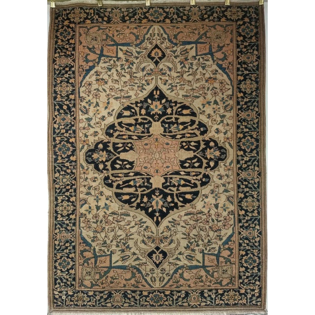 19th Century Persian Farahan Sarouk Area Rug, Handwoven Medallion Pattern, Ivory & Navy, 4’ X 5’ For Sale - Image 4 of 12