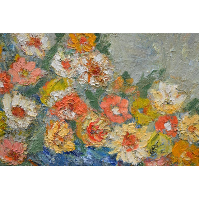 Impressionist Mid Century Impressionist Zinnias Still Life by Stefania Kaja-Bilanska For Sale - Image 3 of 6