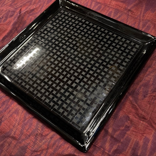 Contemporary Black Lacquer Square Tray (Woven Lines), 8.25"x8.25"x.5h" For Sale - Image 3 of 8