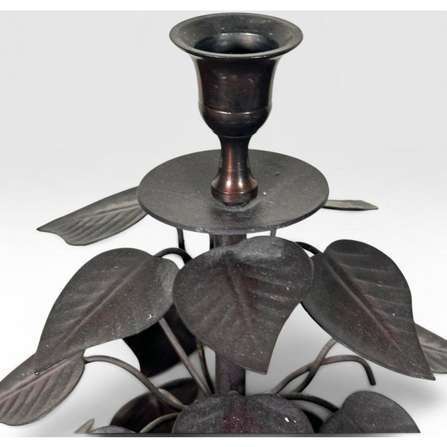 Metal Vintage Brutalist Hollywood Regency Metal Leaf Candlesticks - A Pair For Sale - Image 7 of 13