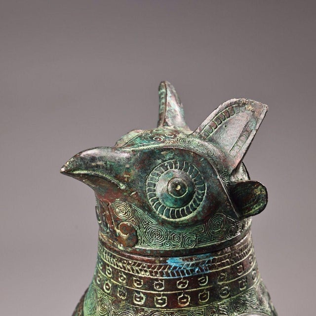 Late 19th Century Bronze Owl-Form Ritual Vessel With Lid, 1850g, Archaic Motifs For Sale - Image 9 of 10