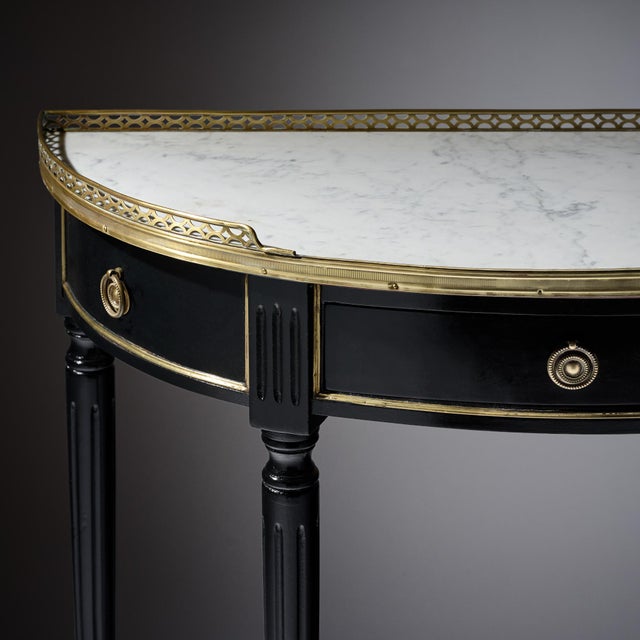 French Louis XVI Style Ebonized, Brass and Marble Demi-Lune Console Table For Sale - Image 9 of 9