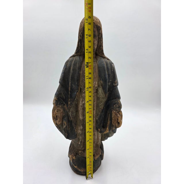 Rare Antique 18th Century Spanish Colonial Hand-Carved Virgin Mary Statue Polychrome Wood For Sale - Image 14 of 15