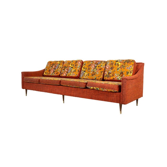 Mid-Century Modern Mid-Century Floral Orange Long Sofa For Sale - Image 3 of 9