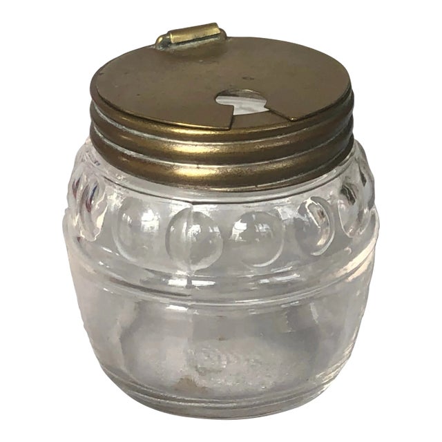 Antique Glass Inkwell Bottle With Brass Hinged Lid For Sale