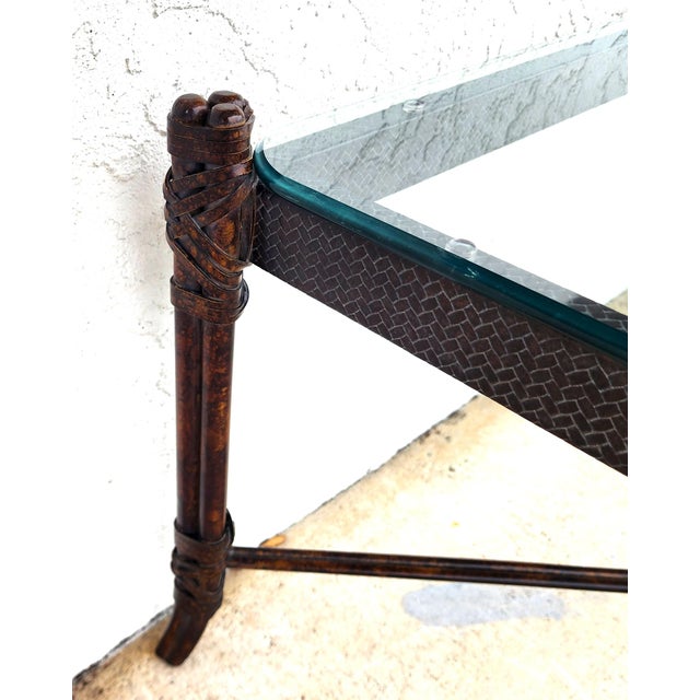Maitland Smith Style Faux Metal Bamboo Glass & Leather Cocktail Table For Sale - Image 13 of 13
