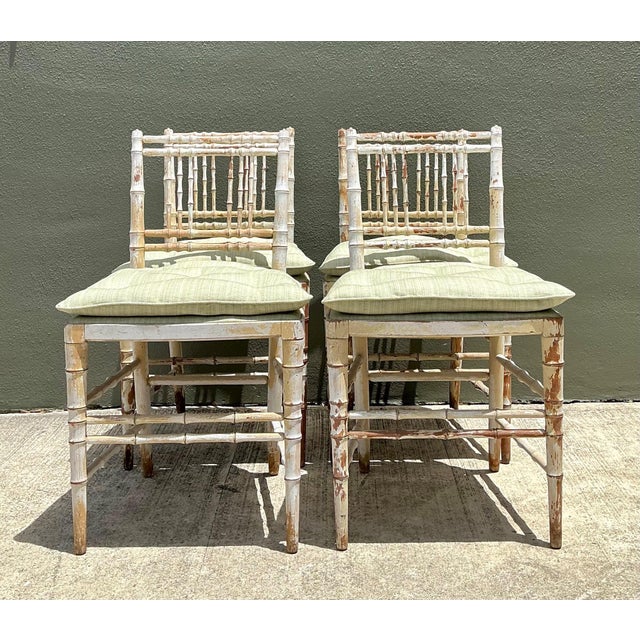 Hollywood Regency Vintage Distressed Wood Faux Bamboo Spindle Back Chairs - Set of 4 For Sale - Image 3 of 18