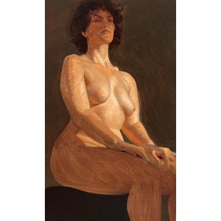 Nielle by Diego Glazer | Oil on Board Nude figure seated with a neutral background. For Sale