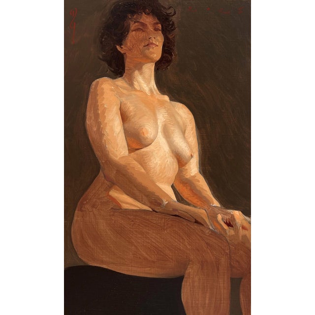 Nielle by Diego Glazer | Oil on Board Nude figure seated with a neutral background. For Sale