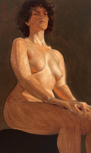 Nielle by Diego Glazer | Oil on Board Nude figure seated with a neutral background.