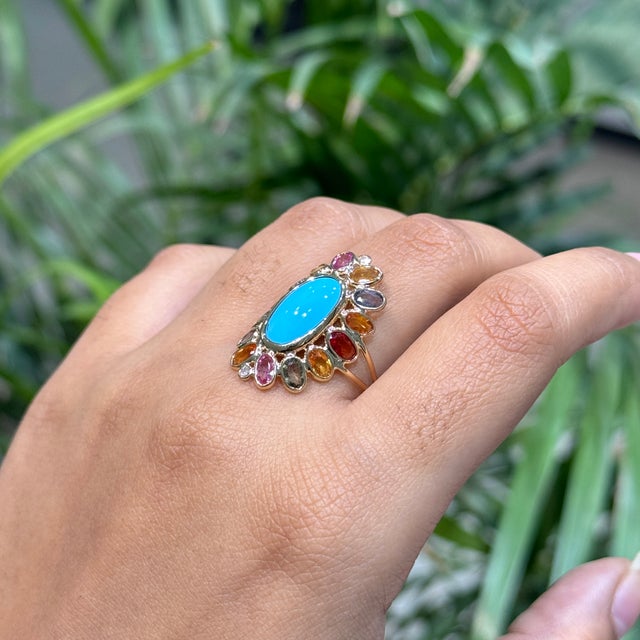 14k Yellow Gold 6.68ct Oval Turquoise Cocktail Ring Size 4 With Sapphire & Diamond For Sale In New York - Image 6 of 16