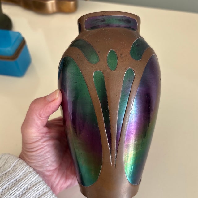 Copper Vintage Bohemian Art Glass Vase With Copper Overlay For Sale - Image 8 of 9