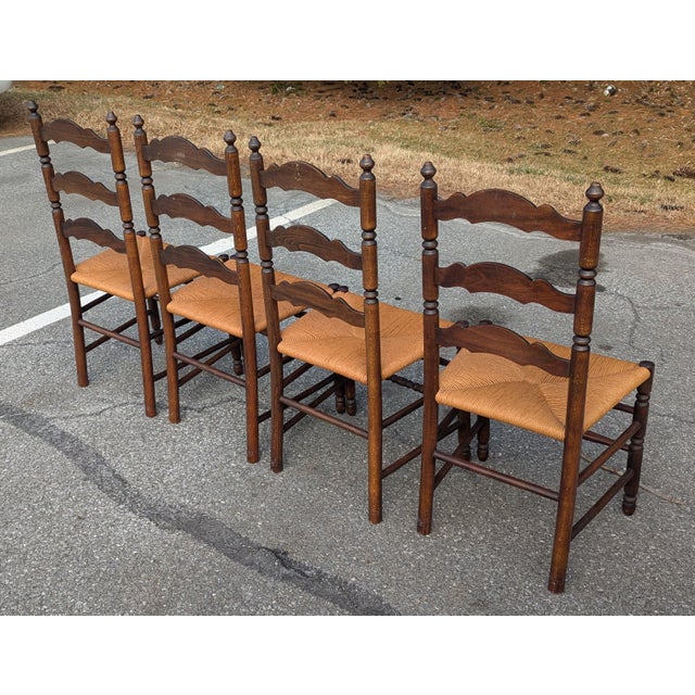 Vintage Set of Four Colonial-Style Ladderback Dining Chairs With Rush Seats | Farmhouse, Shaker, French Country Style For Sale In Washington DC - Image 6 of 10