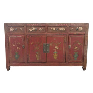 Chinese Red Hand Painted Credenza/Wedding Cabinet For Sale