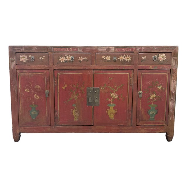 Chinese Red Hand Painted Credenza/Wedding Cabinet For Sale