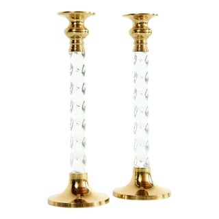 Late 20th Century Vintage Hollywood Regency Brass & Twisted Lucite Candle Sticks - a Pair For Sale