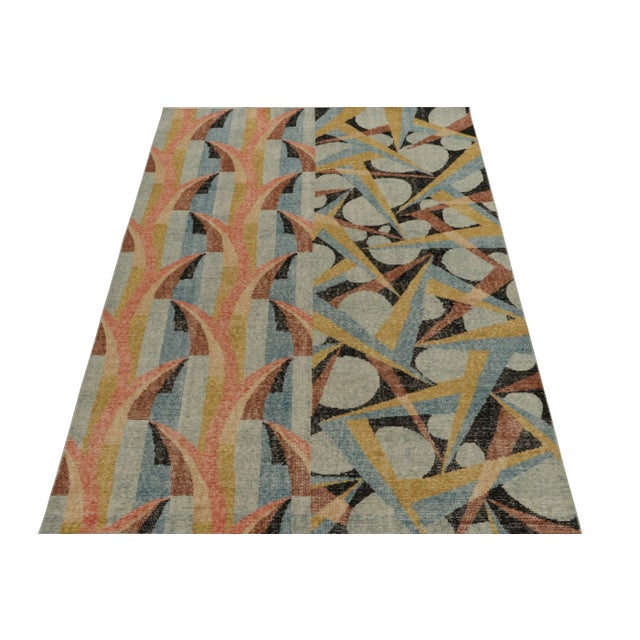 Modern Rug & Kilim’s Distressed Deco Style Rug in Blue & Beige-Brown Geometric Patterns For Sale - Image 3 of 7