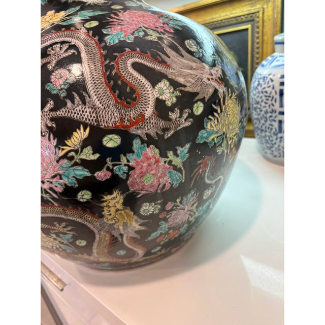 Momumental Vintage Chinese Black Ground Dragon & Floral Porcelain Floor Vase With Gilt Rim For Sale - Image 17 of 18