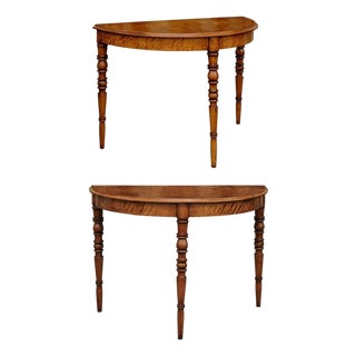 Pair of French Maple Demilune Tables with Turned Legs from the 1840s For Sale