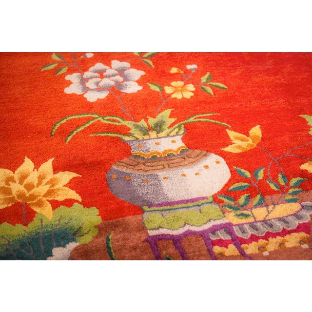 Red 1920s Red Field Modern Floral Antique Chinese Knotted Wool Art Deco Carpet Rug For Sale - Image 8 of 11