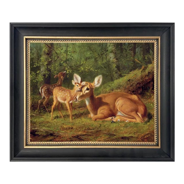 "Doe and Twin Fawns" Contemporary Reproduction Print on Canvas by Arthur Fitzwilliam Tait, Framed in Black and Gold For Sale