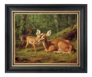 "Doe and Twin Fawns" Contemporary Reproduction Print on Canvas by Arthur Fitzwilliam Tait, Framed in Black and Gold