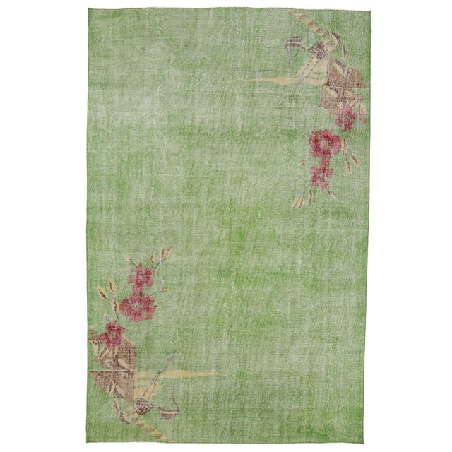 Textile Mid 20th Century Green Floral Turkish Vintage Rug For Sale - Image 7 of 7