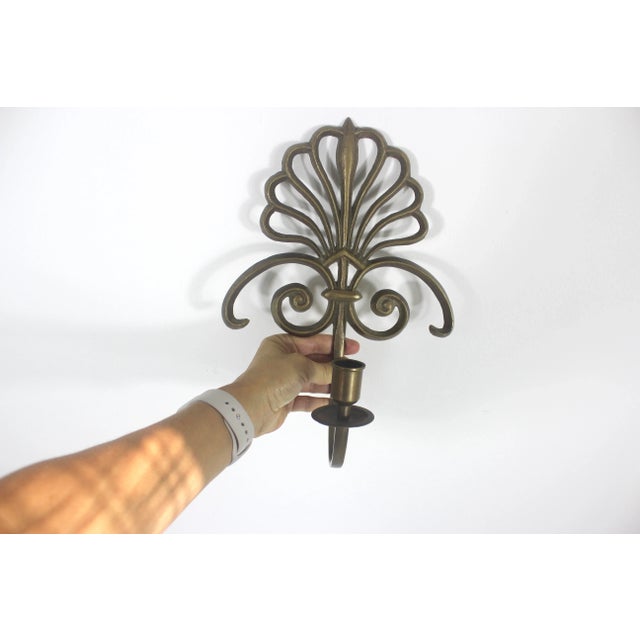 1970s Brass Wall Candle Sconces Peacock or Scroll Fan Shape a Pair For Sale - Image 6 of 12