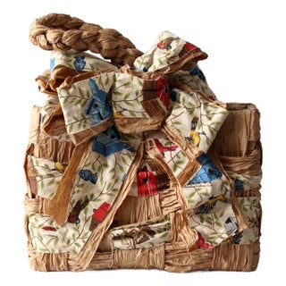 Vintage Woven Paper Basket With Bird Print Fabric For Sale