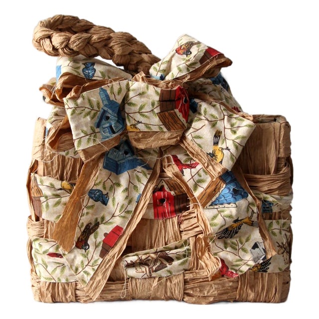 Vintage Woven Paper Basket With Bird Print Fabric For Sale
