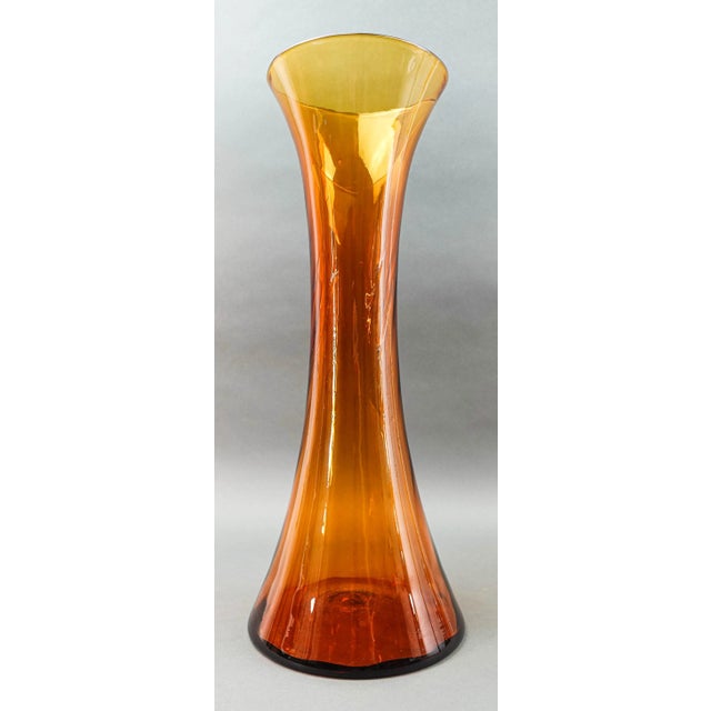 Blenko Vintage Mid Century Modern Orange Tall Impressive Rare Swirl Art Glass Vase. Measures approximately 7 3/4"...