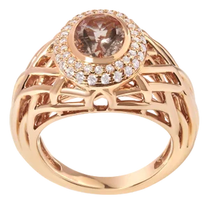 14K Rose Gold Oval Cut Light Pink Morganite and 3/8 Cttw Diamonds Halo and Basket Weave Cocktail Ring (G-H Color, SI1-SI2 Clarity) - Size 7