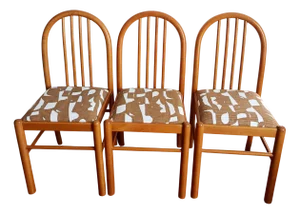 Pine and Fabric Chairs, 1970s, Set of 3