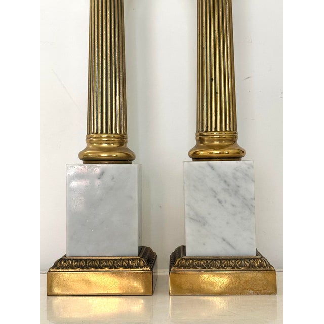 Mid 20th Century Mid 20th Century Italian White Marble and Carved Brass Neoclassical Column Lamps, a Pair For Sale - Image 5 of 11