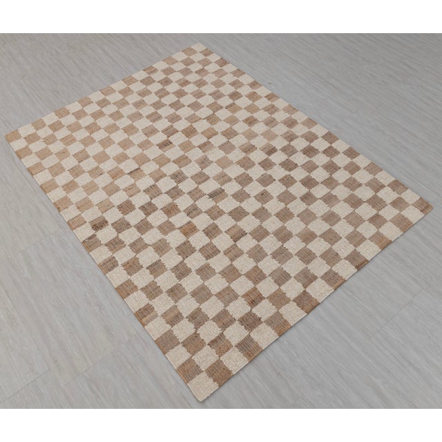 Boho Chic 2.6x6Ft. Checkered Natural Wool Jute Ivory Hand Woven Premium Quality Rug For Sale - Image 3 of 13