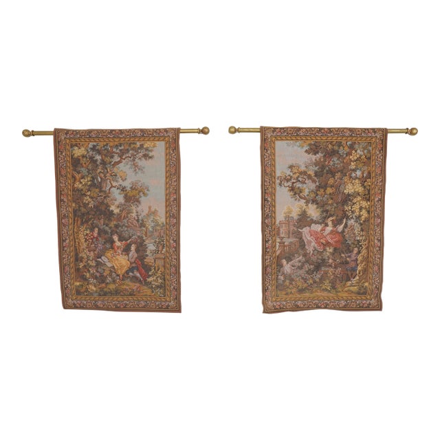 Vintage Les Tapisseries D’Halluin “L’Indiscrétion” & “L’Escarpolette” French Tapestries (Set of 2) For Sale