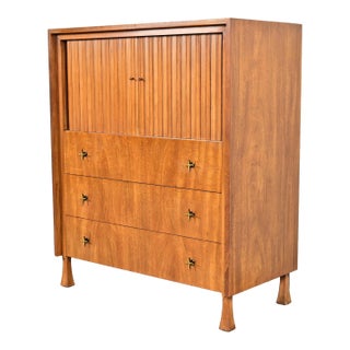 John Widdicomb Mid-Century Modern Sculpted Walnut Tambour Door Gentleman's Chest, 1960s For Sale
