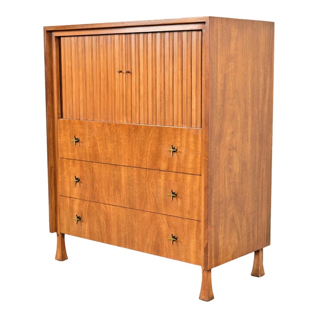 John Widdicomb Mid-Century Modern Sculpted Walnut Tambour Door Gentleman's Chest, 1960s For Sale