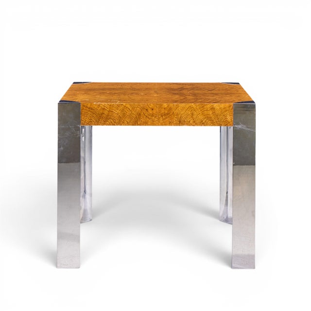 Milo Baughman Style Mid Century Chrome and Burlwood Dining Table For Sale In Chicago - Image 6 of 7