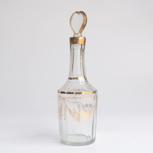 Antique French Louis XVI Gilded Crystal Decanter With Heart Stopper For Sale - Image 9 of 14