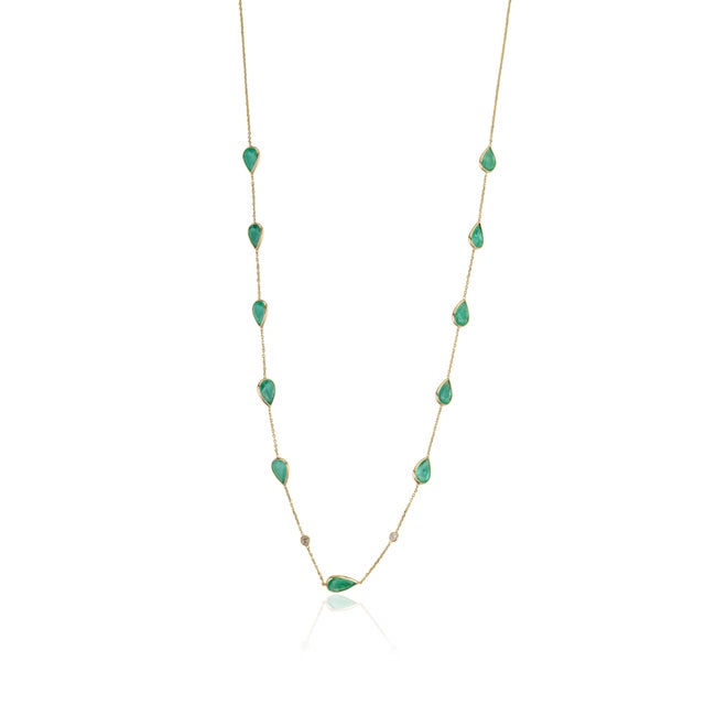 Metal 14k Yellow Gold 6.84ct Pear-Cut Natural Emerald Station Necklace With Diamonds For Sale - Image 7 of 18